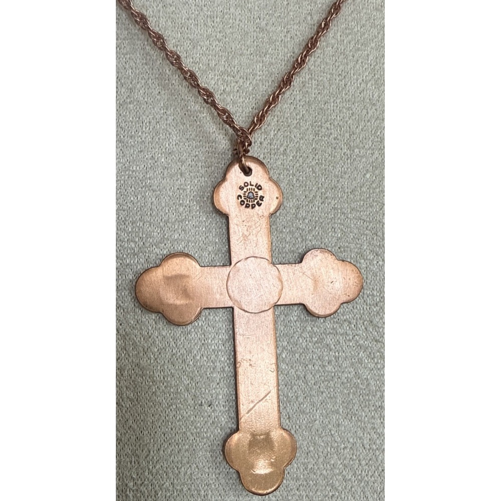 BEAUTIFUL VINTAGE BELL SOLID COPPER & TURQUOISE CROSS NECKLACE & 24" CHAIN - Picture 3 of 8